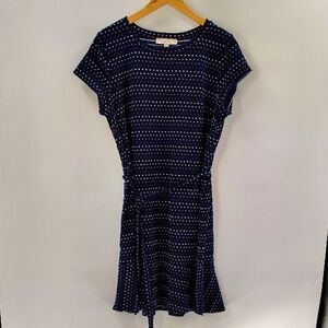 LOFT Pullover Dress Size XL Red White And Blue Swiss Dot With Belt Ruffle Hem